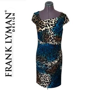 SZ10 Frank Lyman Design Blue and Black Asymmetrical Neck Animal Print